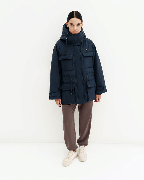 Пуховик парка с накладными карманами, темно-синий