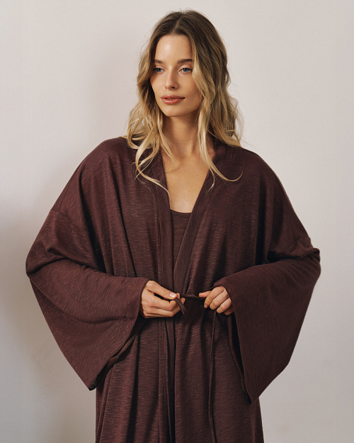 Длинный кардиган на поясе, горький шоколад