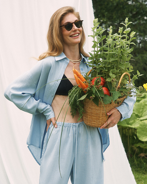 Рубашка оверсайз из тенселя и льна, небесно-голубой