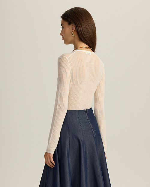 Прозрачное боди на пуговицах, из тонкого шерстяного трикотажа, молочный