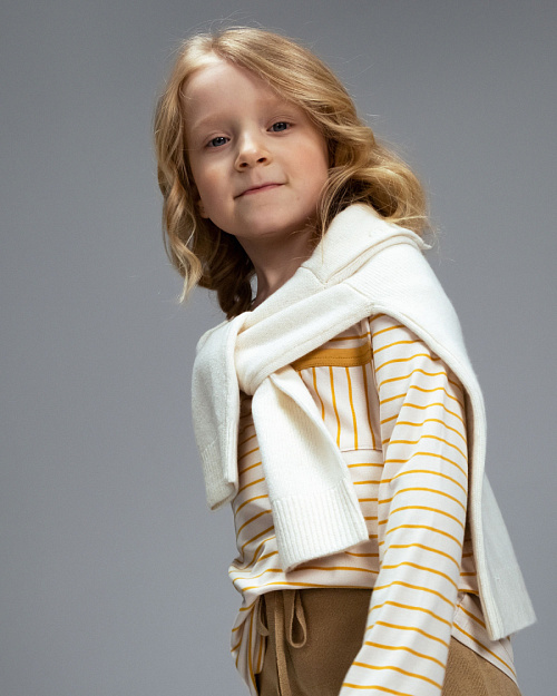 Детский лонгслив в полоску Unisex, из района, светло-бежевый, желтая полоска