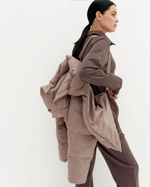 Пуховик из непромокаемой шерстяной пальтовой ткани с капюшоном, светло-коричневый