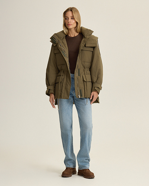 Пуховик парка с накладными карманами, хаки