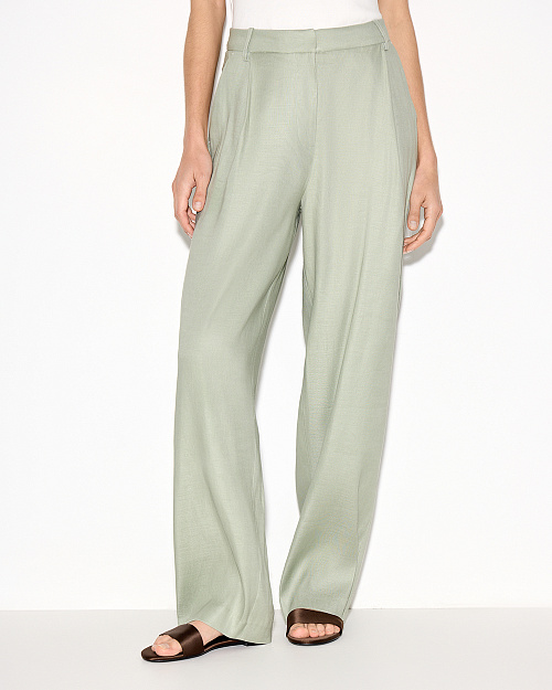 Прямые брюки с защипами, изо льна и района, зеленый оливковый