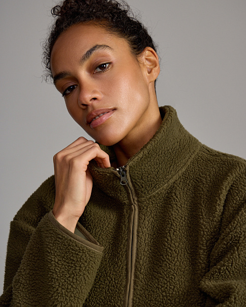 Толстовка Unisex на молнии, из флиса шерпа с меховым эффектом, хаки