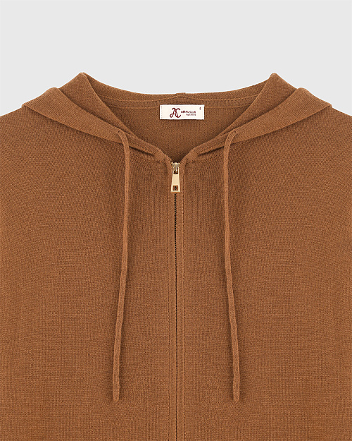 Шерстяной кардиган на молнии с капюшоном, карамельный